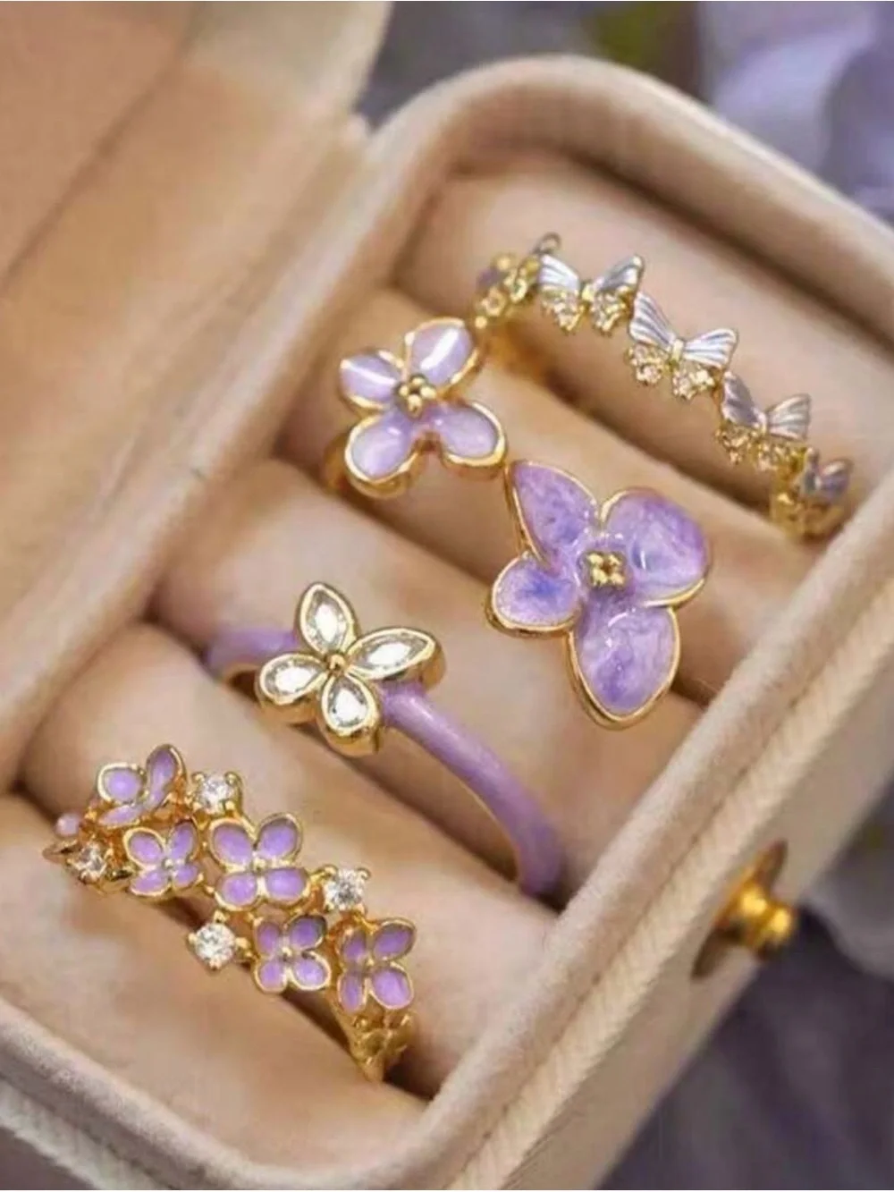 Lavender Floral Gold-Plated Ring Set A2145